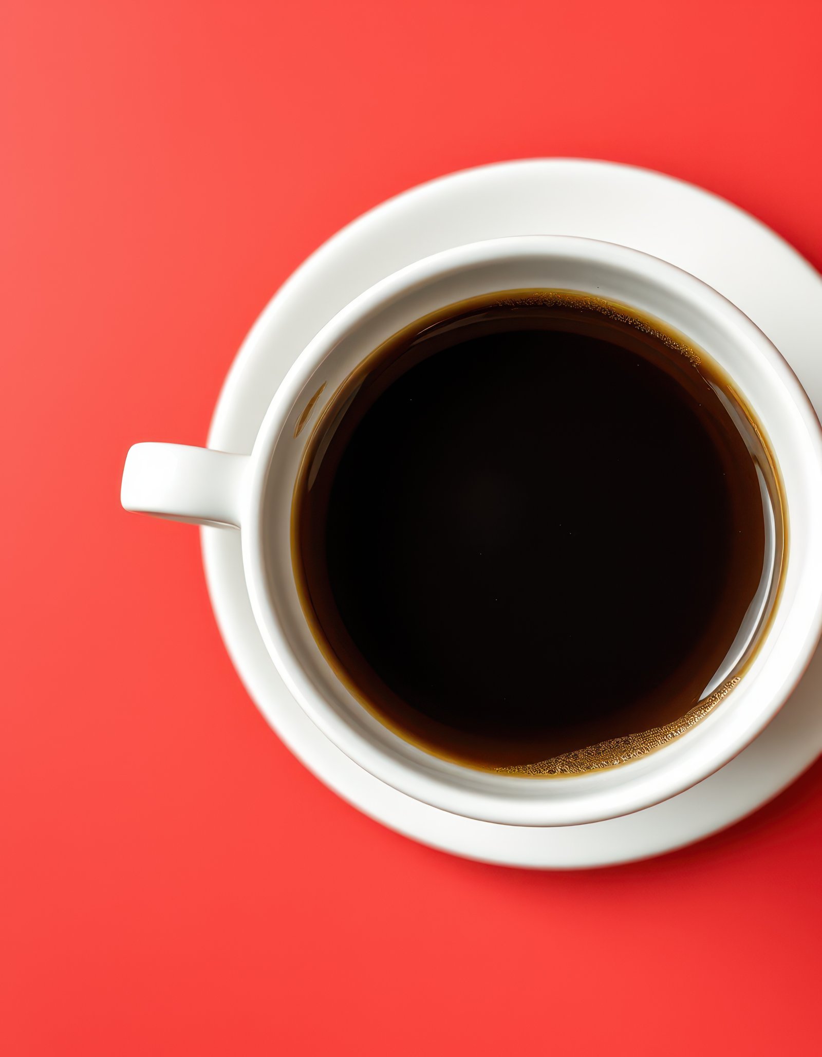 Cup of black coffee on a bright red table showcasing minimalistic design and bold colors, ideal for relaxing moments or social gatherings